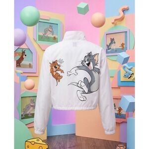 Tom and Jerry Licensed Windbreaker Jacket White Cartoon Graphic Cropped Medium